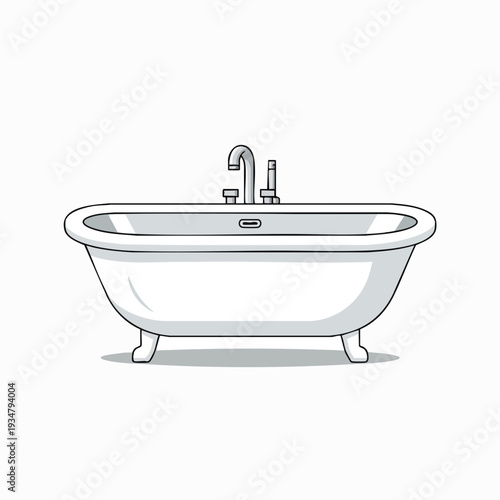 White cartoon bathtub with chrome faucet isolated on white; clean bathroom fixture for relaxation and design element in vector style