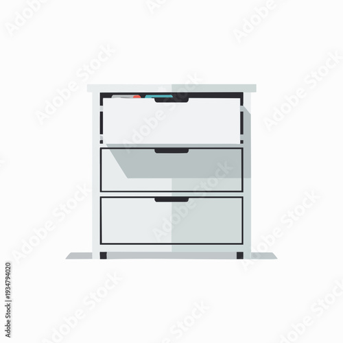 White chest of drawers with open top drawer vector illustration for storage and organization in modern interior design furniture; vector design