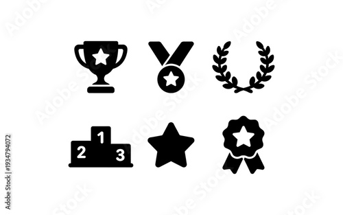 Collection of award and achievement icons including trophy, medal, laurel wreath, podium, star, and ribbon