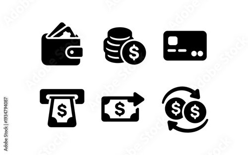 Collection of financial icons representing money, wallet, credit card, and transactions