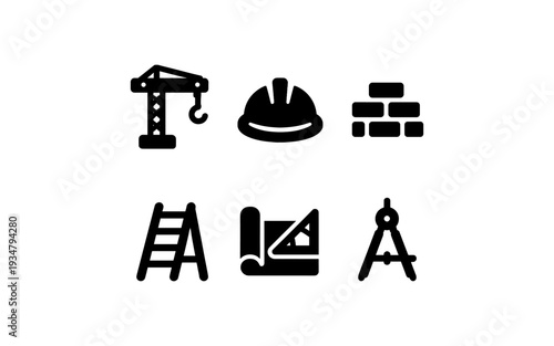 Construction and architecture icons set: crane, hard hat, bricks, ladder, blueprint, compass