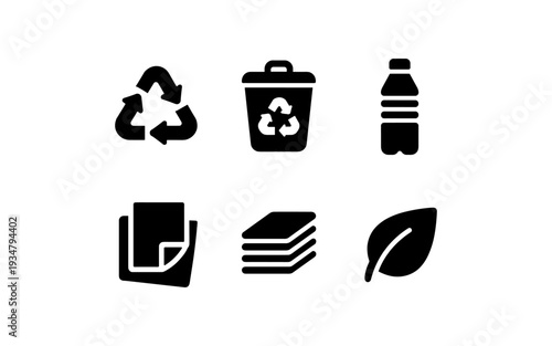 Collection of recycling and eco-friendly icons including a leaf, bottle, and paper