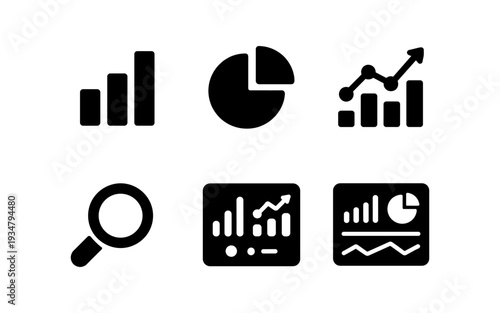 Collection of business and finance icons including charts, graphs, and a magnifying glass