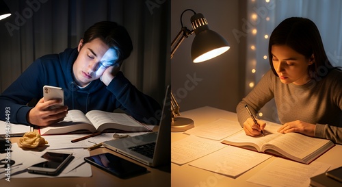 Study productivity split: left distracted student with messy desk and phone glow; right focused learner clean notes and warm desk lamp clarity