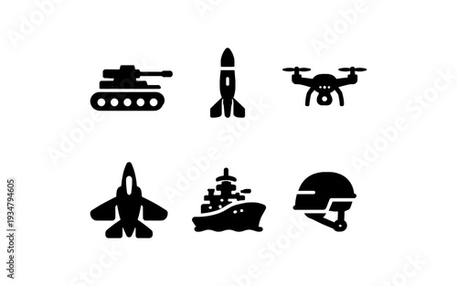 Collection of military icons including tank, rocket, drone, jet, ship, and helmet