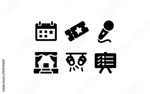 Collection of icons representing event planning, performance, and organization elements