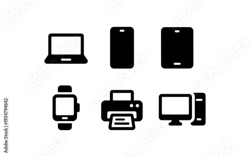 Collection of modern electronic device icons including laptop, smartphone, tablet, smartwatch, printer, and desktop computer