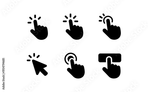 Collection of six black cursor and hand pointer icons indicating interaction and selection