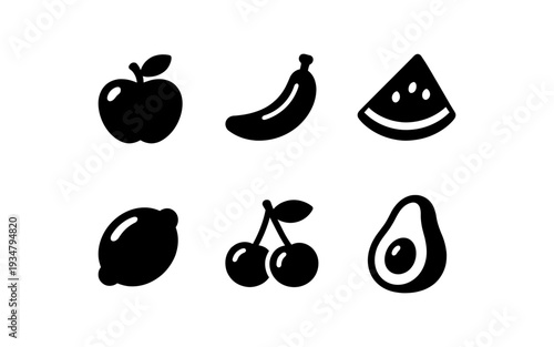 Collection of simple black fruit icons arranged in two rows on a white background
