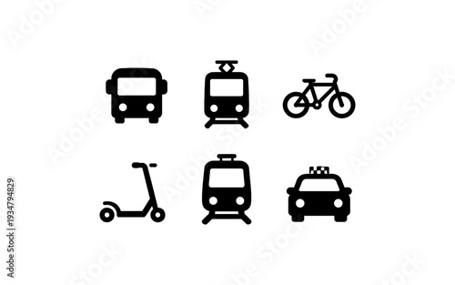 Collection of diverse transportation icons including bus, train, bicycle, scooter, and taxi
