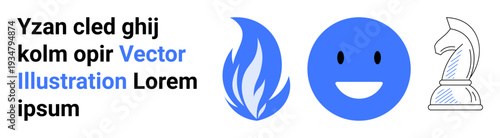 Branding, decision-making, creativity, emotions, strategy, digital media. Blue flame, smile emotion and chess knight beside placeholder text. Creativity and strategy design concept