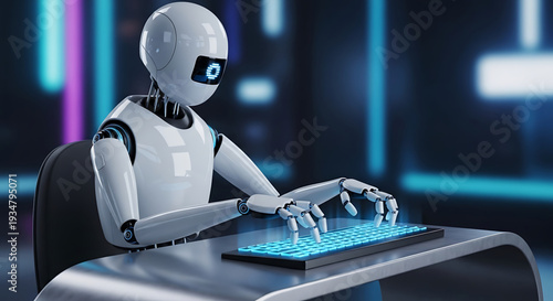 A futuristic robot sitting at a desk and typing on a glowing blue keyboard in a dark room with neon lights