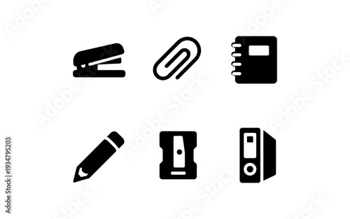 Collection of black office supply icons on a white background, simple and clean design