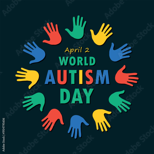 World Autism Day, April 2, banner, card, colorful poster with text and hand print, vector illustration