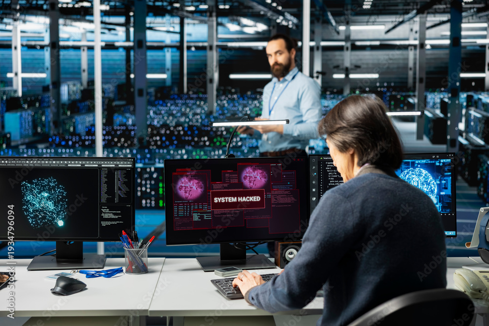 Obraz premium Engineers in AI server farm alerted by hacking incident involving theft of sensitive data. Teamworking data center IT specialists alarmed by computer virus triggered by security systems
