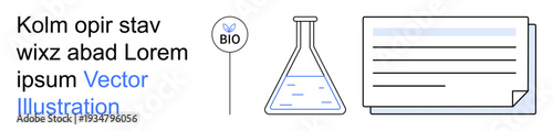 Biotechnology, research documentation, science experiments, lab equipment, environmental studies, educational material. Flask with liquid, bio label paper. Science experiments and biotechnology