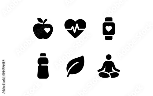 Healthy lifestyle icons: apple, heart rate, smartwatch, water bottle, leaf, and meditation