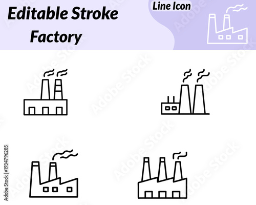 Flat vector icon showing an industrial building with multiple chimneys and a gear symbol. Representing manufacturing production industrial operations. Minimalist design clean lines ideal for business.