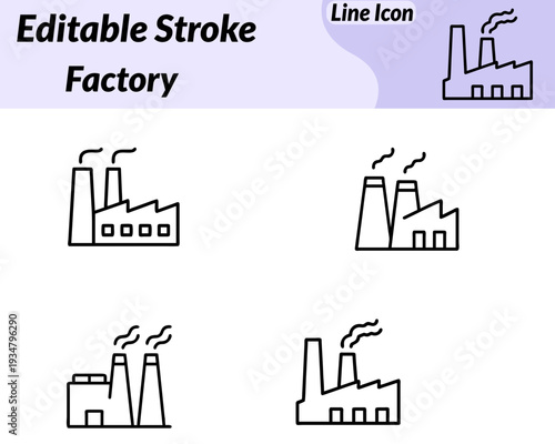 Flat vector icon showing an industrial building with multiple chimneys and a gear symbol. Representing manufacturing production industrial operations. Minimalist design clean lines ideal for business.