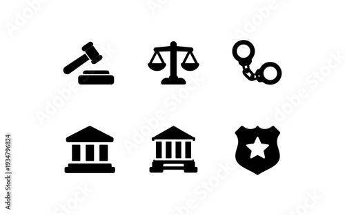 Collection of black legal and justice icons including gavel, scales, handcuffs, courthouse, and badge
