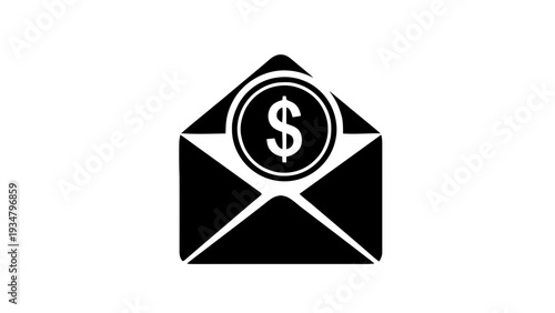 Vector illustration of black and white icon of an open envelope with a dollar sign coin inside, simple graphic symbol on a transparent background