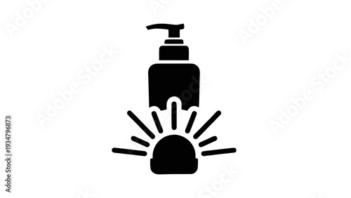 Vector illustration of sunscreen lotion pump dispenser icon with sun rays on a transparent background