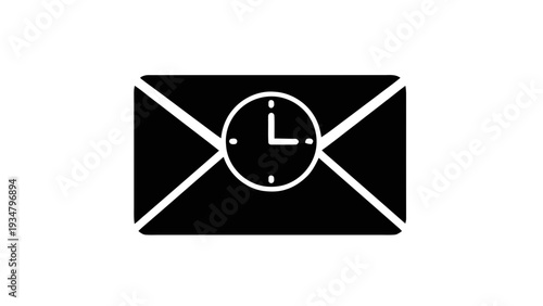 Vector illustration of black and white icon of an envelope with a clock face inside, symbolizing time sensitive message or email on a transparent background