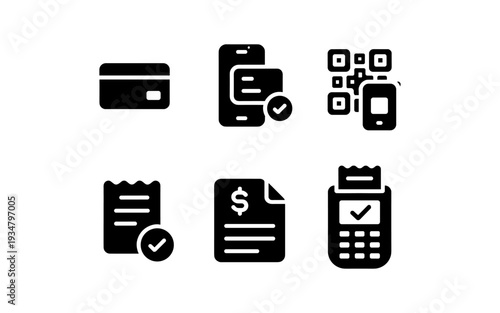 Collection of payment icons including credit card, mobile payment, QR code, and receipt