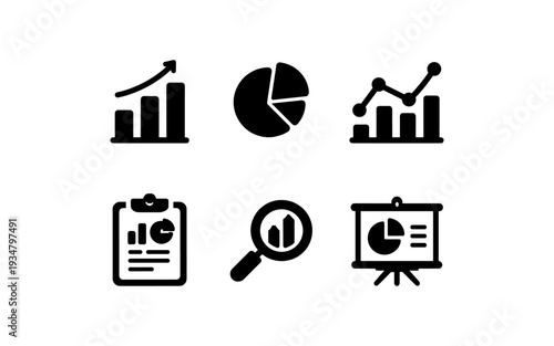 Collection of six business and finance icons representing growth, analysis, and reporting