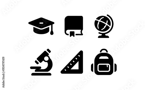 Collection of educational icons including graduation cap, book, globe, microscope, ruler, and backpack