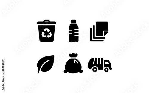 Collection of icons representing recycling, waste management, and environmental care concepts