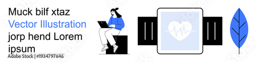 Wearable tech, remote work, fitness tracking, healthcare, wellness, creative content. Woman seated with a laptop, smartwatch with heart symbol and a leaf. Wearable tech and remote work concept
