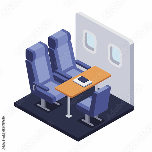 Isometric Detailed Airplane Interior Seats and Table with Tablet Illustration