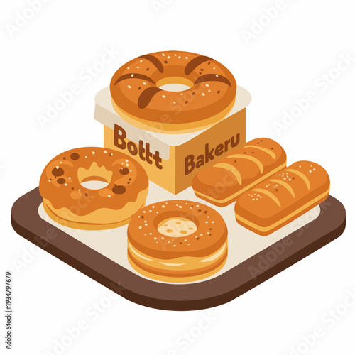 Flat Isometric Bakery Product Assortment with Doughnuts and Bread Food Illustration
