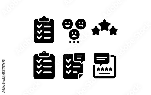 Collection of icons representing customer feedback, ratings, and surveys