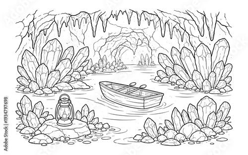 Explore a magical cave with a rowboat, crystals, and a lantern in this line art illustration