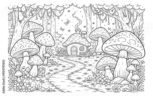 Whimsical mushroom house nestled in a magical forest with butterflies and flowers