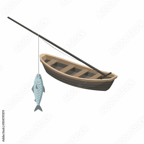 Detailed Realistic Fishing Boat with Rod and Caught Fish Still Life