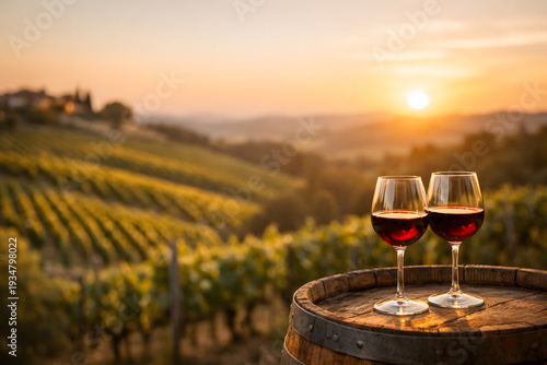 Two Red Wine Glasses on Oak Barrel with Blurred Vineyard Sunset