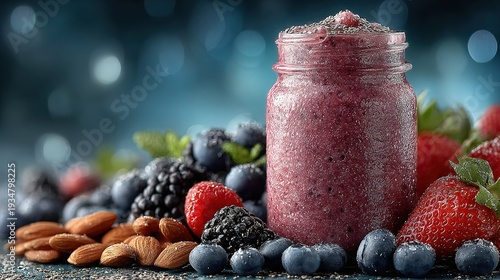 Fresh fruit smoothie drink served with mixed berries and almonds
