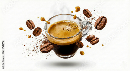 Creative food concept featuring a glass cup of hot espresso coffee with splashing liquid, floating roasted coffee beans, and ground coffee powder levitating against a white background.