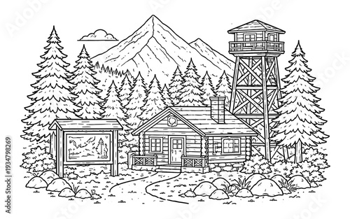 Rustic log cabin and fire lookout tower nestled in a pine forest with mountains