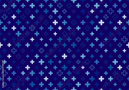Blue Mathematical Plus Symbols Seamless Pattern. Math Design Elements Background. Medical Tech Background. Vector Illustration