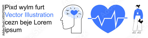 Mental health, healthcare, wellbeing, emotional support, human resources, diagnostics. Visual of a brain with a heart, heart rate icon person figure. Mental health and healthcare concept
