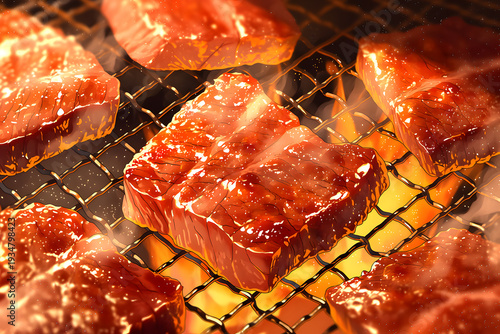 網の上で焼かれる高級和牛の厚切り肉 炭火の炎と滴る脂のシズル感 リアルなアニメ風フードイラスト