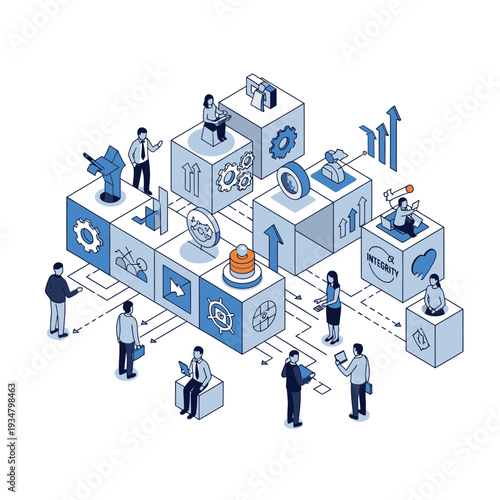 Isometric illustration of a team collaborating on a complex project, with blocks representing different stages and elements of business strategy and development.