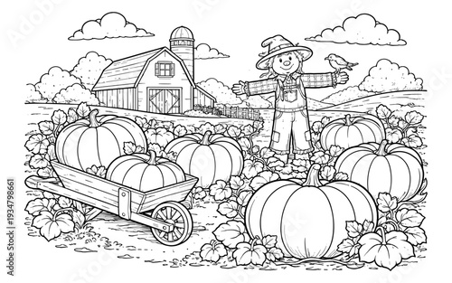 Whimsical scarecrow and pumpkins in a field with a barn and wheelbarrow