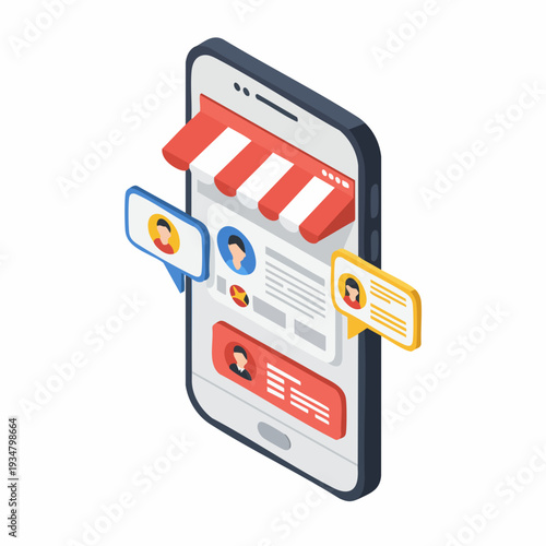 Isometric Detailed Mobile Storefront Shopping Application on Smartphone for Commerce
