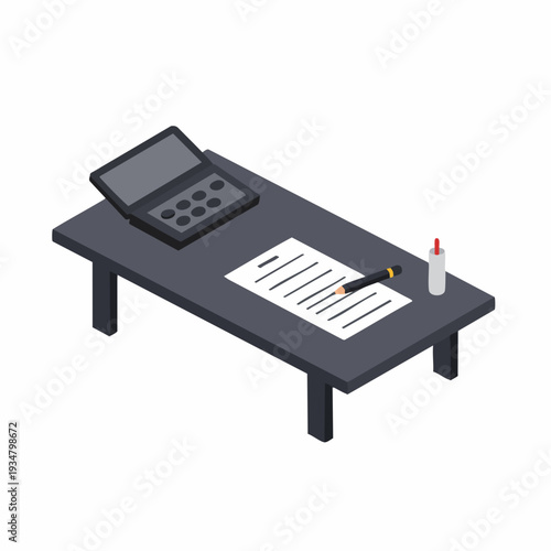 Isometric Workspace with Laptop, Paper, Pen and Glue Bottle Illustration