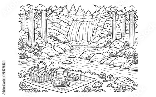 Charming black and white illustration of a forest picnic scene with a waterfall and river